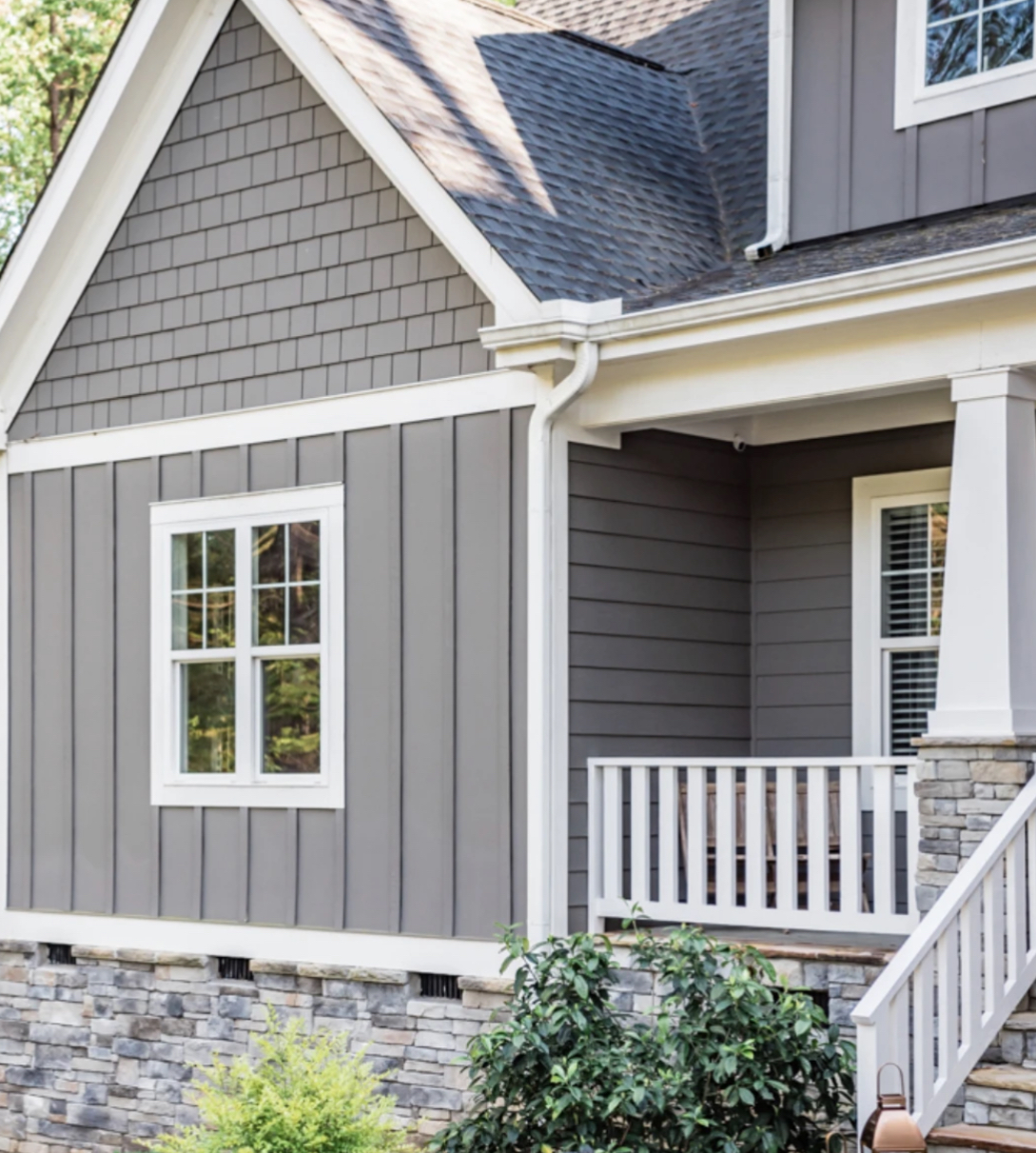 An example of all three primary siding styles on one house
